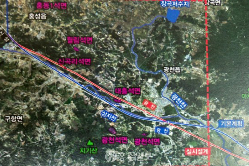 장항선 개량 2단계 구간인 홍성 신성~광천역 구간의 폐석면광산과 장항선 기본계획 및 실시설계 노선도.
