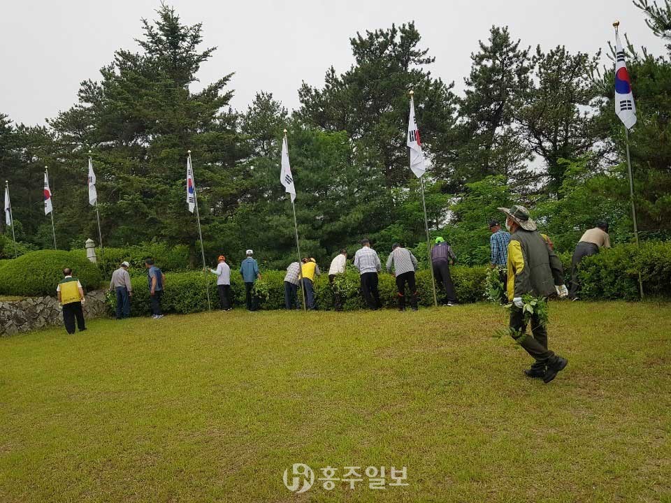 철마산 공원에서 환경정화를 진행중인 철마산 자원봉사클럽.