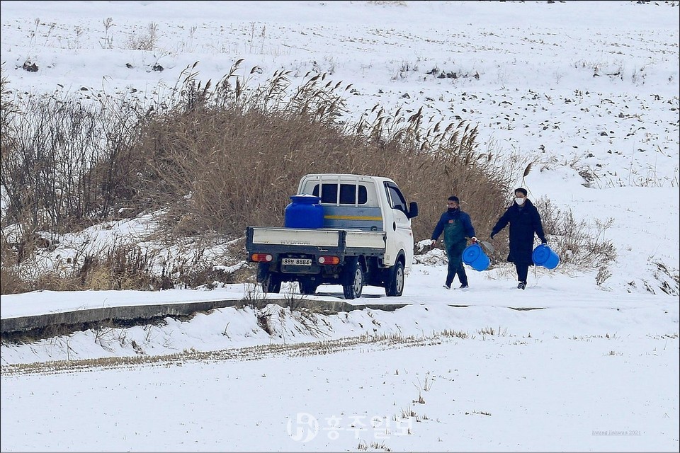 예산황새공원 연구팀과 고창지역 모니터링 조사요원의 긴급 먹이 공급이 진행되고 있다.(사진제공=예산황새공원 황진환)