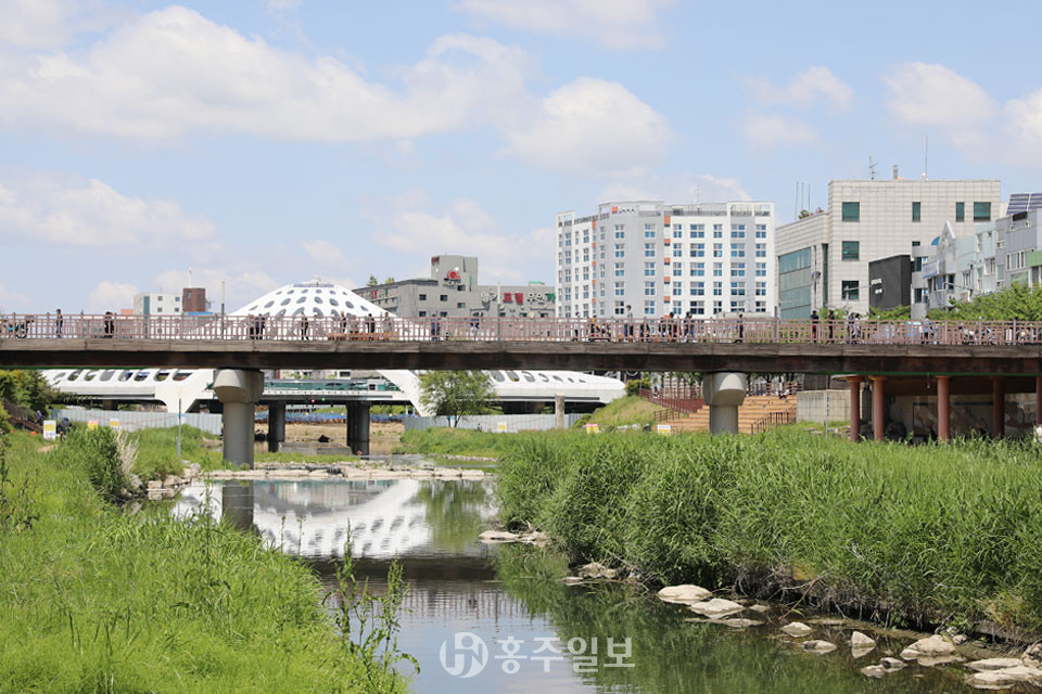 대전 도심을 가로지르는 대전천과 다리 뒷편으로 2010년 복원된 목척교가 보인다.