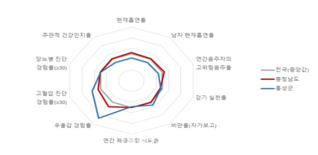 홍성군의 ‘지역사회 건강조사’ 주요지표 결과를 총괄한 그래프.