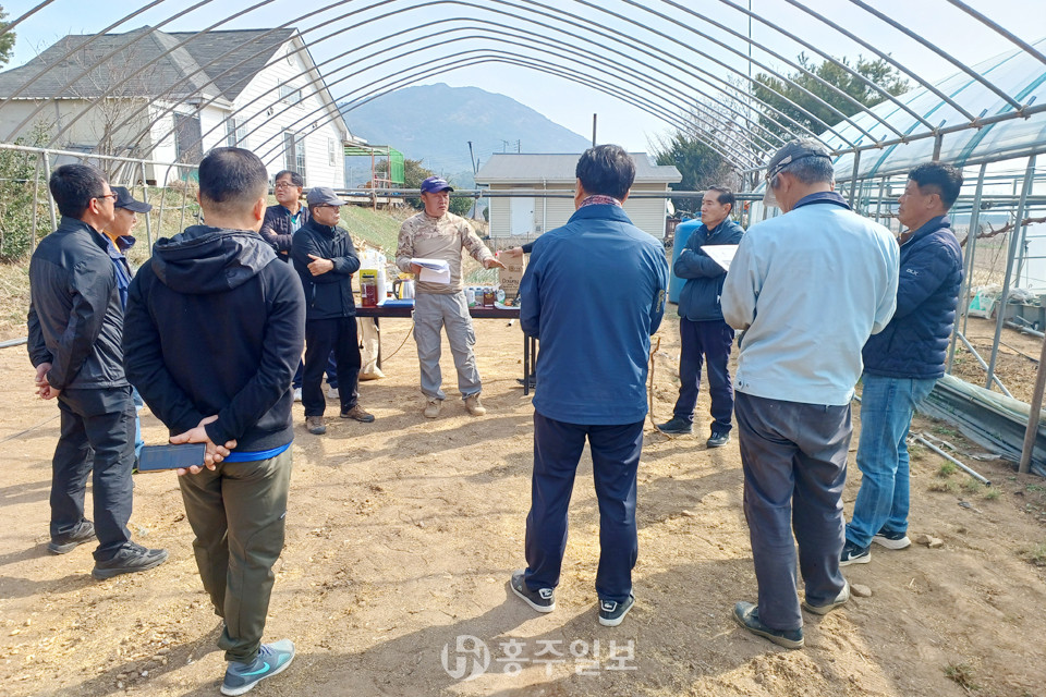 홍북읍 중계리 최영진 씨 농가에서 현장컨설팅 교육을 실시하고 있다.