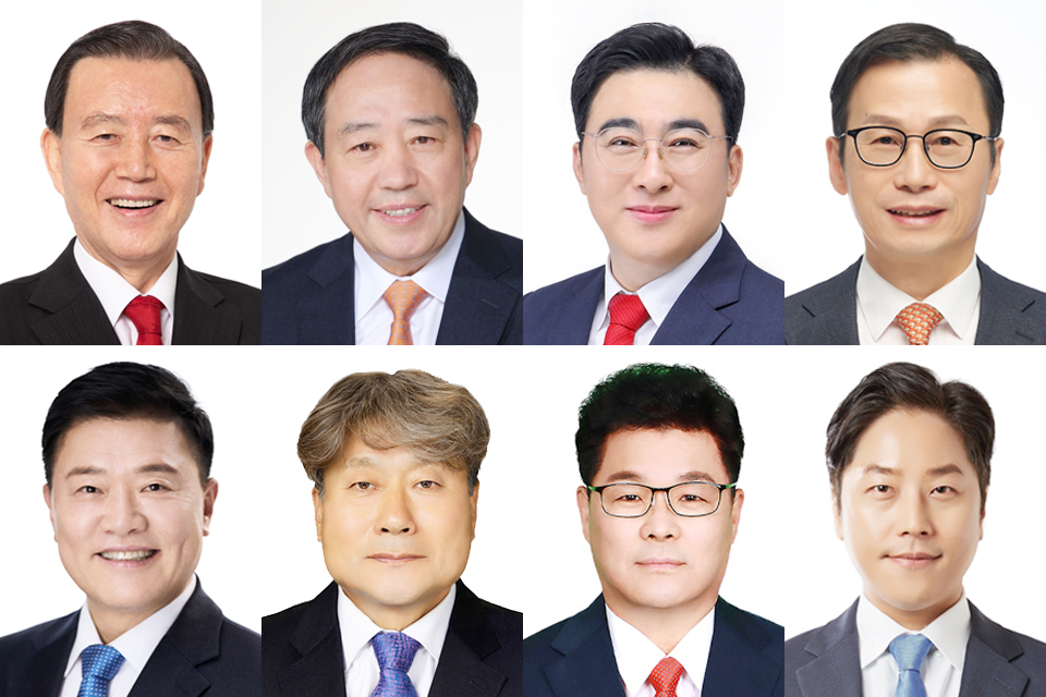 상단 왼쪽부터 국민의힘 홍문표, 국민의힘 강승규, 국민의힘 이무영, 국민의힘 전익수 예비후보. 하단 왼쪽부터 더불어민주당 김학민, 진보당 김영호, 자유통일당 김헌수, 무소속 어청식 예비후보.