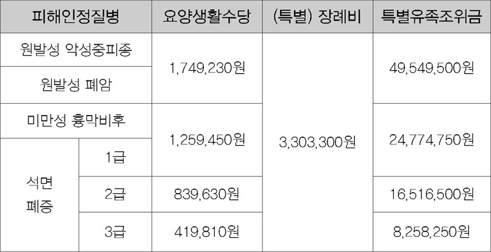 구제급여별 지급금액(구제급여 분담비율=기금 90% : 지자체분담 10%).