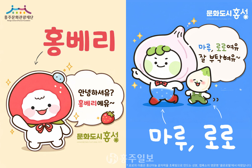 홍성군 대표 농특산물인 딸기와 마늘을 모티브로 한 딸기 캐릭터 ‘홍베리’·마늘 캐릭터 ‘마루’와 ‘로로’.