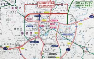 도시재생과에서 추진하고 있는 도시계획도로 (그림에서 빨간색과 파란색 도로 개설 예정).