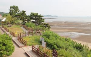 물이 빠져나간 갯벌과 전망대의 산책로.