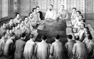 1919년 3월 1일 하오2시 독립선언식을 위해 태화관에 모인 민족대표들.(3·1 기록화 자료사진)