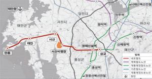 제5차 국토종합계획에 의한 서해안 내포철도 건설계획이 반영된 노선도.