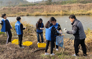 학생들이 직접 만든 EM흙공을 상지천에 던지고 있다. 던져진 EM흙공은 각종 유해물질로 오염된 하천을 살리고, 그곳에서 서식하고 있는 동식물의 생태환경도 회복하는 것으로 알려졌다.