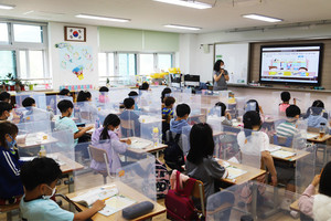 홍북읍에 있는 B 초등학교 교실의 모습. 지난달 27일 초등학교의 등교가 재개된 이후, 투명가림막 설치 유무로 학부모들 사이에 논란이 되고 있다. 가림막 설치가 비말 전파를 막는 등 감염 예방효과를 기대할 수 있지만 학생수와 학교별 실정이 다른 탓에 일부 학교에선 가림막 설치가 위생과 안전에 역효과를 낼 수 있다는 목소리도 나오고 있다.