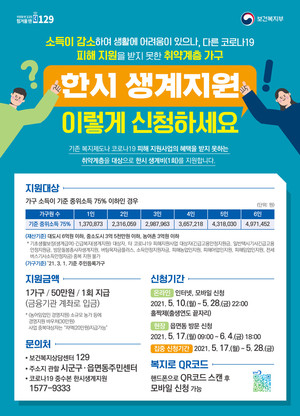 저소득위기가구 한시생계지원금 신청안내문.
