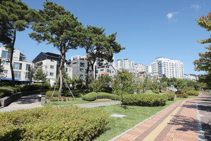 아파트와 조화롭게 조성된 안양 동편마을 커피거리, 길 건너편에는 미용거리가 있어 젊은이들과 관광객들의 발길이 끊이지 않고 있다.
