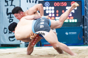 금강장사 결정전에서 김민정 장사를 넘어뜨리고 있는 임경택 장사의 모습.