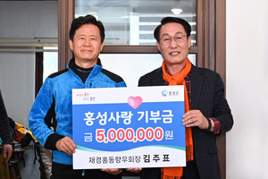 김주표 재경홍동향우회장(사진 왼쪽)이 이용록 홍성군수에게 고향사랑기부금을 전달했다.
