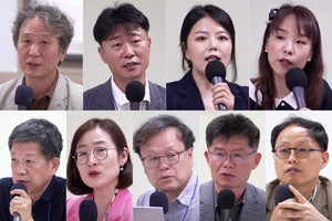 왼쪽 상단부터 시계방향으로 안차수 경남대 교수, 허찬행 건국대 교수, 천현진 건국대 선임연구원, 김선영 경남대 강사, 심규상 오마이뉴스 기자, 박민 참여미디어연구소장, 우희창 충남대 교수, 이서현 제주대 교수, 최종길 바른지역언론연대 회장.