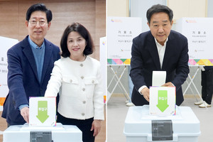 더불어민주당 양승조 후보 내외(사진 왼쪽)와 국민의힘 강승규 후보(사진 오른쪽)가 5일 오전 사전투표를 마쳤다.