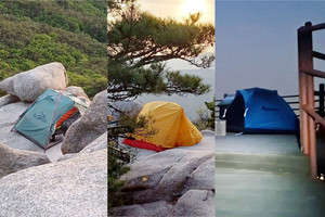 지난달 27일 오후 7시경 용봉산 악귀봉 아래 너른 바위에서 불을 지펴 고기를 굽던 성인 남성들의 텐트. 이곳은 지속적으로 불법 야영객들이 텐트를 치는 명당(?)으로 지난 4월 중순에도 텐트가 설치된 모습이 카메라에 포착됐다. 또한 내포신도시가 한눈에 내려다보이는 용봉산 전망대 데크 역시 빈번하게 불법 야영객들의 텐트가 설치되는 곳 중 하나이다.사진제공=굿모닝충청