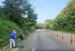 갈산면 새마을협의회와 바르게살기위원회 회원들이 제초작업을 실시하고있다.