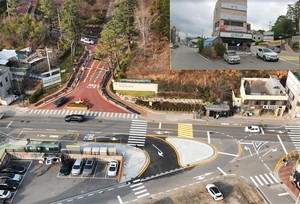 예산고등학교 앞 우회전 차로 공사 후 모습. 우측 상단 작은 사진은 공사 전 모습.