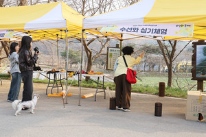 &nbsp;방문객들이 투호 던지기를 하고 있다.