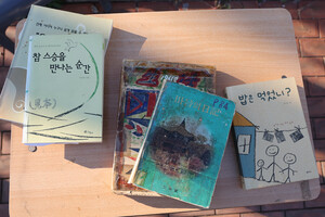 직접 만든 첫 일기장과 그의 저서들.