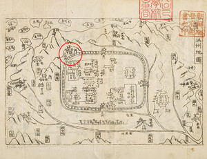 충청남도읍지 내 홍주지도에서 홍주사직단(빨간 원)이 서문 인근에 위치해 있다는 사실을 확인할 수 있다. 자료=서울대학교 규장각 한국학연구원 소장.
