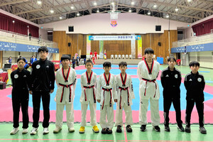 도복을 입고 있는 광천초·중 태권도부 학생선수들. 왼쪽부터 김바다·신혁·전재성·전상민·정호승 선수.