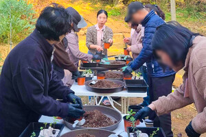 치유농업 프로그램에 참여한 대상자들이 식물을 매개로 정서적 치유를 하고 있다.