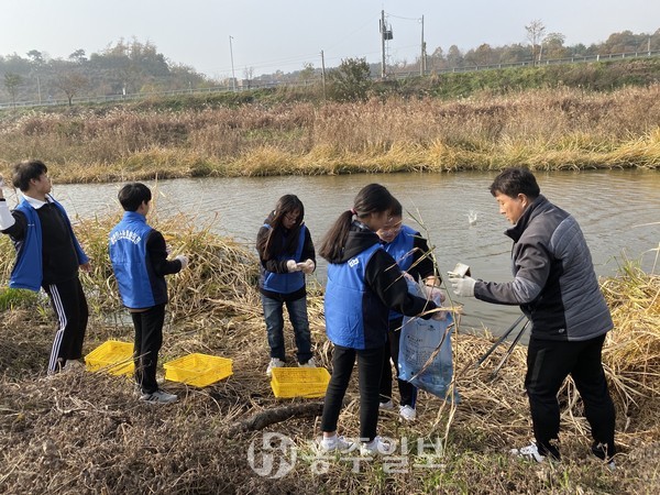 학생들이 직접 만든 EM흙공을 상지천에 던지고 있다. 던져진 EM흙공은 각종 유해물질로 오염된 하천을 살리고, 그곳에서 서식하고 있는 동식물의 생태환경도 회복하는 것으로 알려졌다